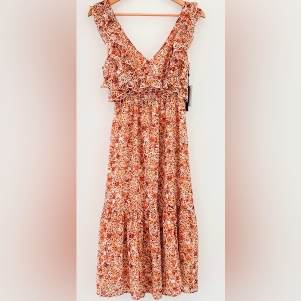 BLACK TAPE Dainty Floral V neck Sleeveless pink orange Fit and Flare midi dress - Picture 4 of 11